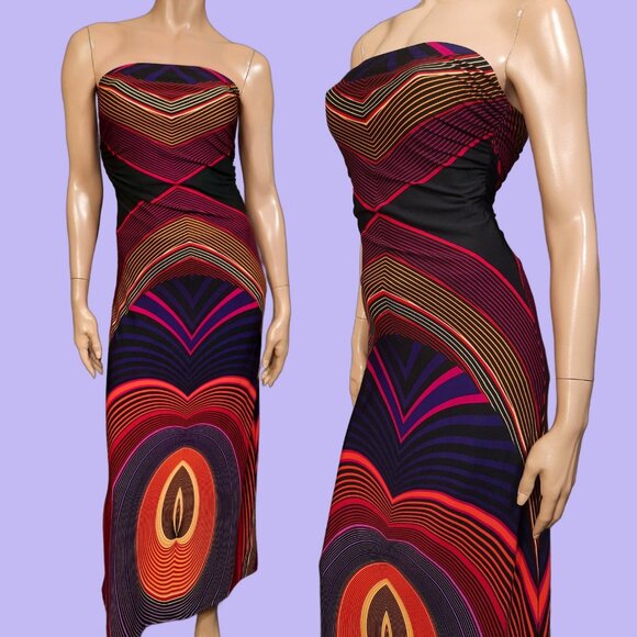 Y2K Forever 21 Strapless Maxi Dress Size S Boho Groovy Psychedelic Print - Picture 1 of 10